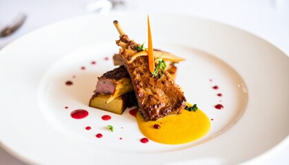 Elegant presentation of roasted lamb chops with a vibrant orange sauce and garnishes.