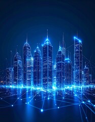 Fototapeta premium Abstract cityscape with glowing blue lines and connected nodes, illustrating smart city technology and digital networks.