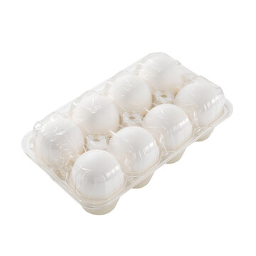 Eight White Eggs in a Plastic Container on a Black Background Studio Shot Isolated