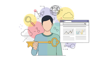 Modern Vector Illustration of Man Holding Key with Data Chart and Globe Elements For Business Strategy Design