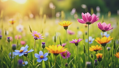 Obraz premium Colorful wildflowers in soft sunlight. Use for nature, wellness, seasonal, and gardening marketing. 