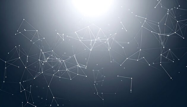 An abstract network of white dots connected by lines, set against a gradient dark gray background with a bright light source. - Powered by Adobe