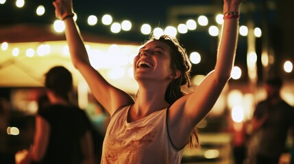 Fototapeta premium Night Festival Joy: A Woman's Ecstatic Celebration Under String Lights