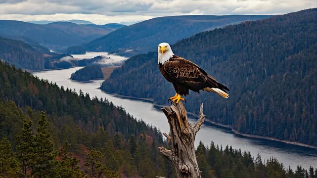 Majestic bald eagle surveys vast forested valley and winding river from a weathered perch.