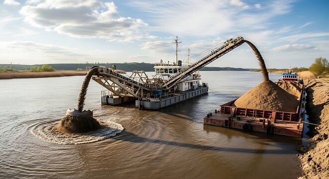 Sand Dredging Operations on River with Barge and Heavy Machinery View from Above