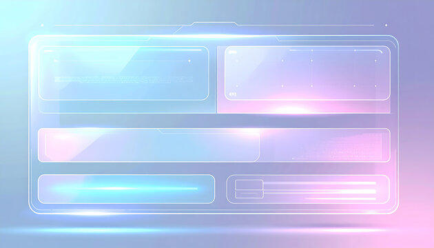 Futuristic holographic user interface with glowing translucent panels on soft pastel background.