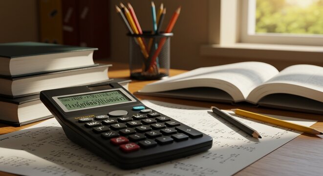 Sunlit Desk with Calculator, Books, and Math Equations