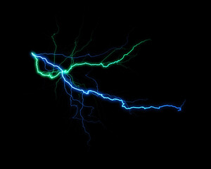 Vibrant streaks of electric blue and neon green lightning flash against a deep black background, showcasing pure energy.