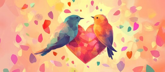Two colorful birds flanking a heart-shaped design