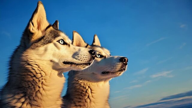 Two majestic huskies gaze skyward bathed in warm golden sunlight against a clear blue sky.