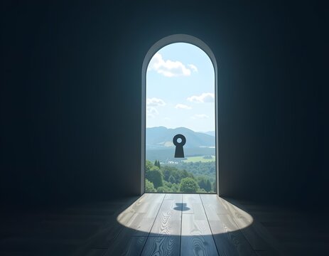 Surreal View Through an Open Door with Keyhole Framing a Scenic Landscape Under Bright Blue Sky and Soft Clouds