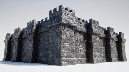 A digital rendering of a dark grey stone fortress, square-shaped with crenellated walls and corner towers, set against a plain white background.  The stonework texture is rough and detailed