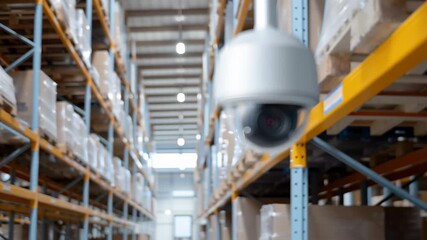 Modern surveillance technology with vigilant security camera monitoring large warehouse aisle, ensuring business safety and property protection - Powered by Adobe