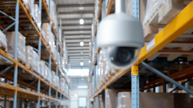 Modern surveillance technology with vigilant security camera monitoring large warehouse aisle, ensuring business safety and property protection
