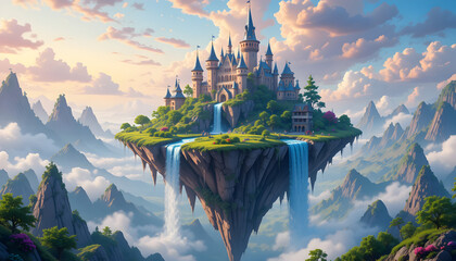 Fantasy castle on a floating island with waterfalls and scenic mountain landscape