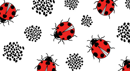 Charming red ladybugs and abstract black dots pattern
