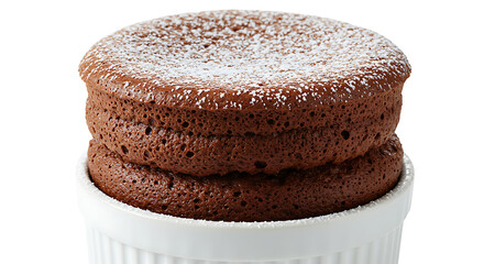 Fluffy chocolate soufflé in a ramekin, dusted with powdered sugar, isolated on pure white background, gourmet restaurant style, decadent dessert for menus, branding, and high-quality food visuals.
