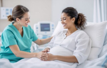 Obraz premium A compassionate medical professional supports a smiling pregnant patient resting comfortably in a hospital bed during her prenatal care.