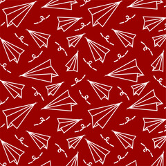 Seamless pattern of doodle paper ariplanes. Paper airplane doodle vector set. Flying paper airplane doodle. Doodle of paper airplane icon. Flying airplane set collection.