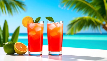Fototapeta premium Two vibrant cocktails on a table with a tropical beach and palm trees in the background.
