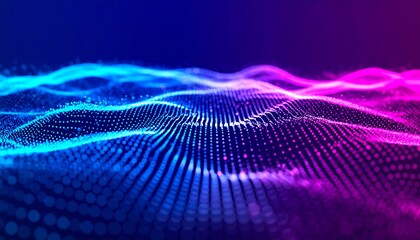 Undulating waves composed of glowing particles in blue and pink on a dark background, representing digital data.