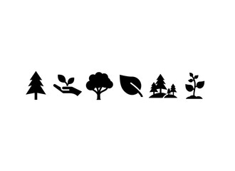 Set of black silhouette nature icons, including trees, seedlings, leaves, and plants. Minimalist vector style, symbolizing environment, sustainability, ecology, and green living.