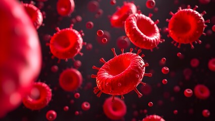 A close up of red blood cells with a virus in the middle. The virus is surrounded by the red blood cells, creating a striking contrast between the two. Concept of danger and urgency. 