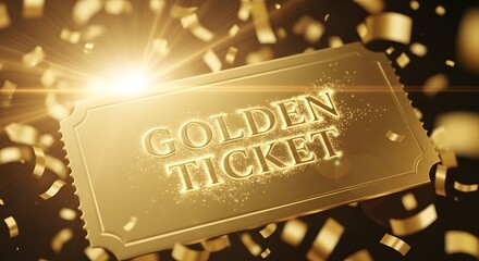 A golden ticket illuminated with bright light and falling confetti, symbolizing success.
