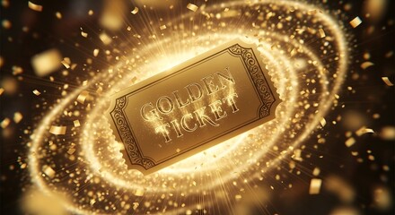 A radiant golden ticket swirls amidst glowing light and confetti, a magical concept.