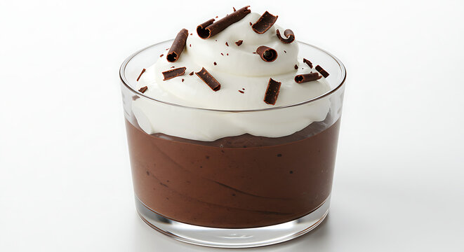 Rich chocolate mousse in a glass cup with whipped cream and chocolate shavings, isolated on pure white background, elegant gourmet dessert for restaurant menus and advertisements.
- Powered by Adobe