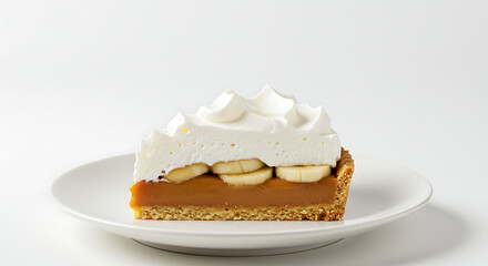 Banoffee pie slice with visible banana, caramel, and whipped cream layers, isolated on pure white background, stylish dessert for menus, cookbooks, and culinary advertising.
