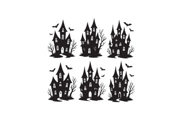 Halloween Silhouette Set – Ghosts, Bats, Pumpkins, Witch Hat and Broomstick Vector Illustration