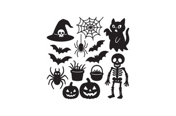 Halloween Silhouette Set – Ghosts, Bats, Pumpkins, Witch Hat and Broomstick Vector Illustration