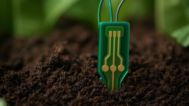 Bio innovation and engineering with sensor circuit embedded in soil close up, highlighting green technology for environment and science development