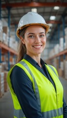 Professional businesswoman wearing safety equipment working confidently in modern warehouse facility with industrial background, corporate headshot style