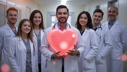 Diverse doctors holding a glowing heart with a stethoscope, symbolizing global healthcare unity. Bright hospital setting, warm tones, trust, care concept.