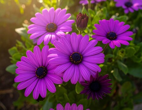 Cluster of vibrant purple daisies in sunlight