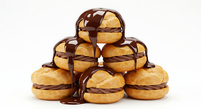 Profiteroles stacked and drizzled with chocolate sauce, isolated on pure white background, sophisticated gourmet dessert for high-end restaurant menus and food advertising.
