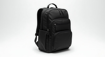 Naklejka premium Stylish travel backpack with multiple compartments, isolated on pure white background, clean professional product photography, ideal for e-commerce, branding, advertising, and outdoor lifestyle catalo