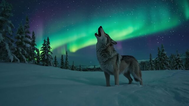 Majestic wolf howls at vibrant aurora borealis in snowy winter wilderness under starry sky