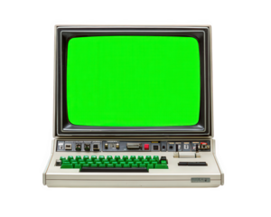 Vintage computer with green screen monitor, retro keyboard, and classic buttons, isolated on transparency background, evokes nostalgia and old technology charm