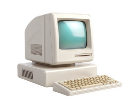 Vintage computer monitor with keyboard, retro style, beige color, isolated on transparency background, nostalgic technology, low resolution display, classic design