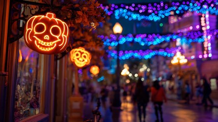 Halloween decorations with glowing pumpkins in a festive, blurred street