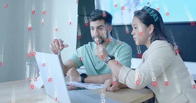 Professional duo navigating laptop keyboard and showing binary code overlay guiding business review