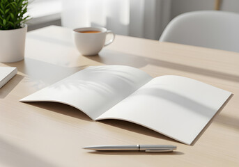 A bright and airy shot of a blank brochure mockup on a clean, simple office desk