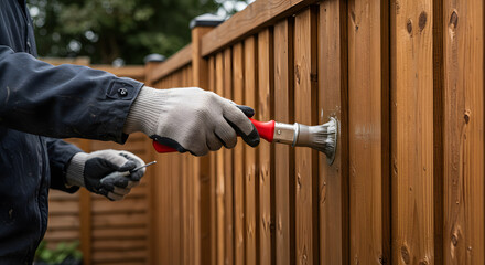 Close-up of person applying wood stain to a new wooden fence with a brush, home improvement DIY project
