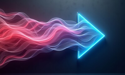 Dynamic neon arrow points right, accompanied by flowing red and white light trails on a dark background, symbolizing progress and energy.