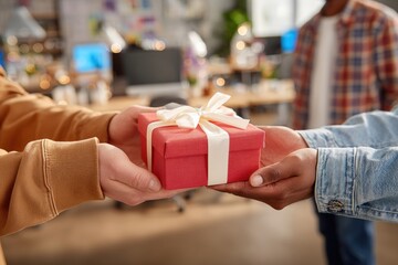 Hands exchanging a vibrant red gift box adorned with a white ribbon, celebrating special moments in the workplace among colleagues