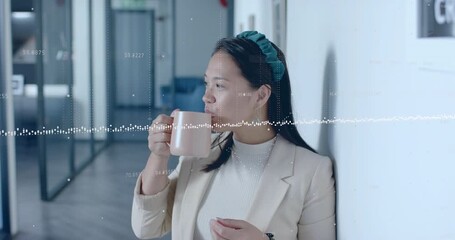 woman leaning wall lifting pink mug savoring warmth smiling as waveform overlay monitoring audio - Powered by Adobe