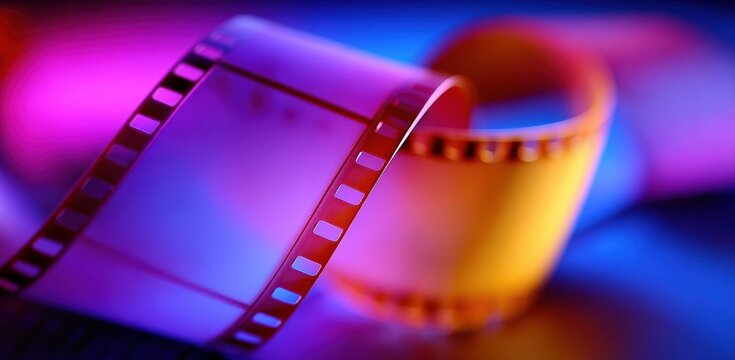 Close up of colorful 35mm film strip swirling and creating abstract shapes, representing motion picture and cinema